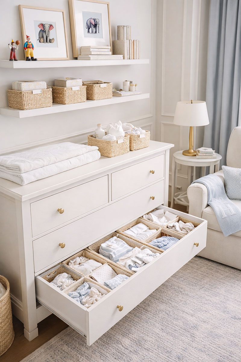 Small nursery dresser organized with baskets, folded baby clothes, and wall shelves above