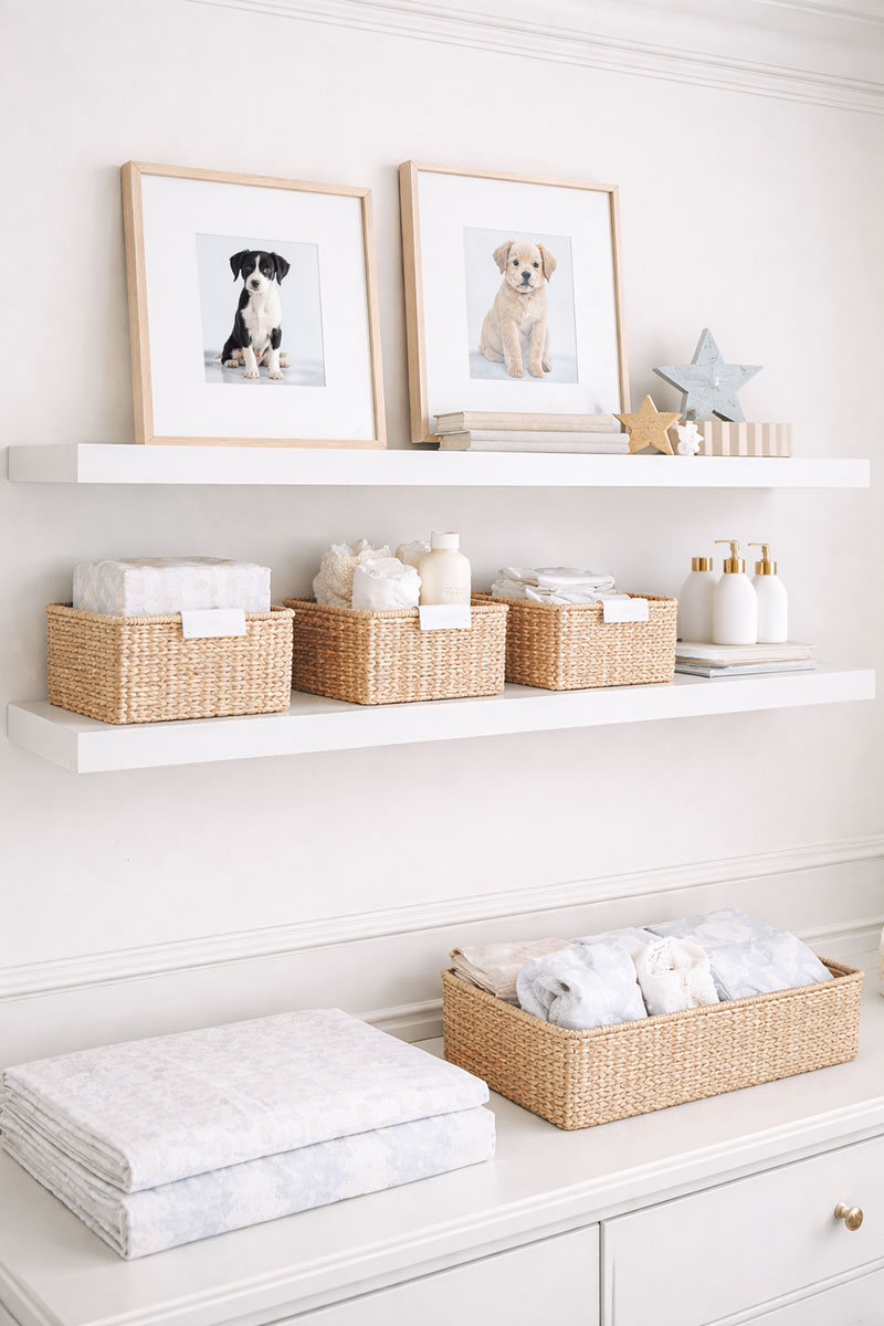 Boy nursery with floating wall shelves, woven baskets, framed art, and neatly organized baby essentials