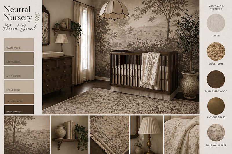 Neutral nursery mood board with fabric swatches, color palette, and design inspiration