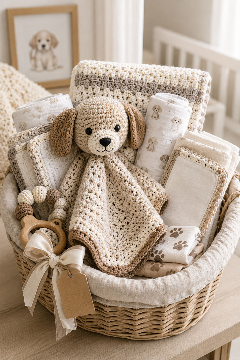 Nursery themed crochet baby gifts styled in a high end baby shower basket