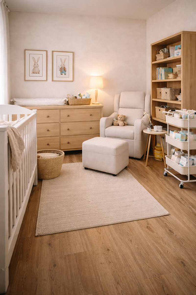 Nursery with too much furniture where crib, dresser, chair, and storage crowd walkways and limit usable space