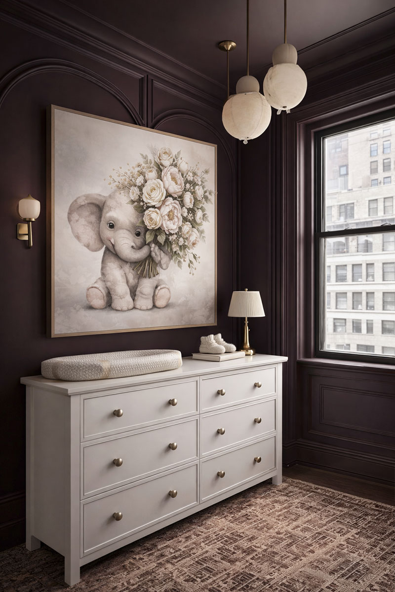 Framed nursery wall art above a dresser changing table in a color drenched color capped plum purple baby room