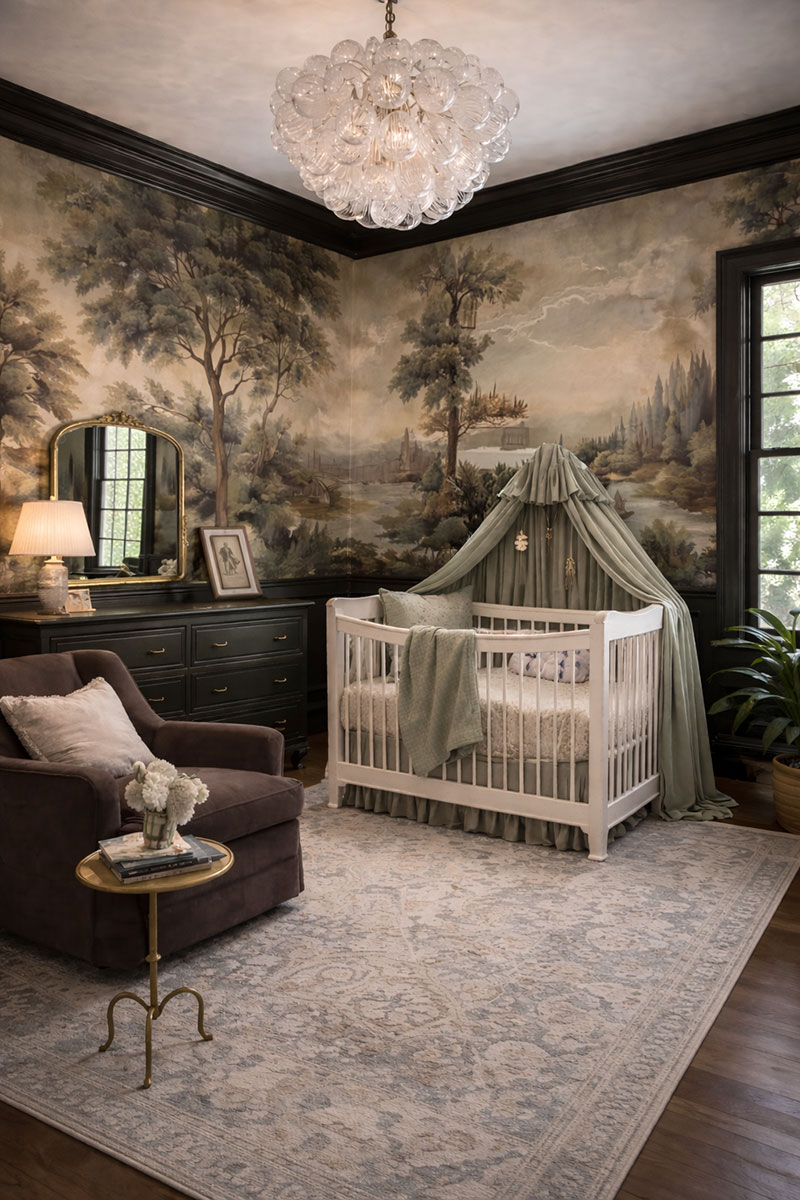 Elegant nursery with hand-painted forest wall mural, white crib with sage canopy, vintage dresser, and soft neutral nursery decor