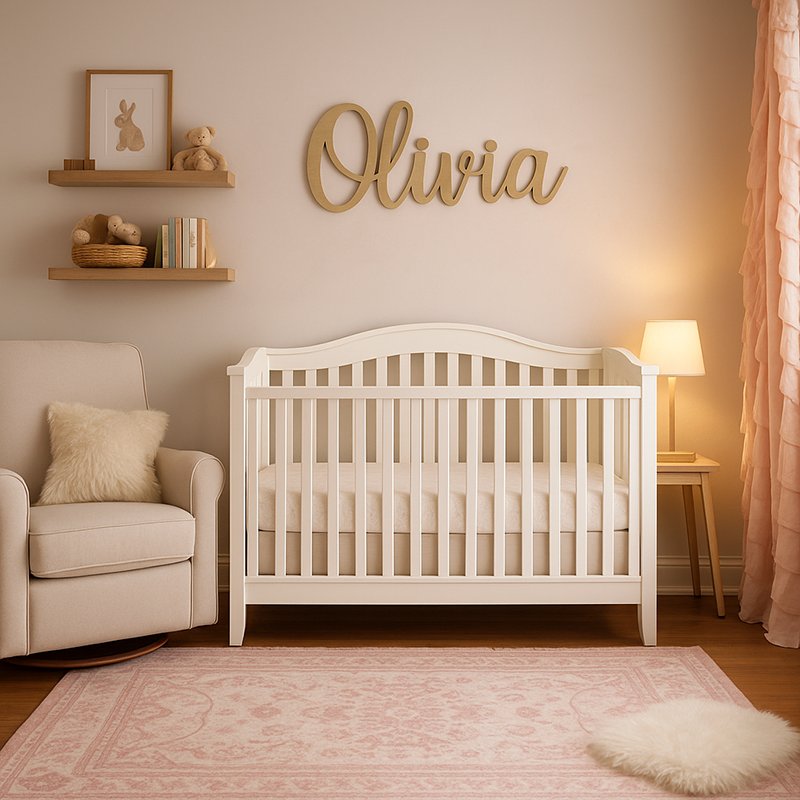 Nursery wall decor ideas featuring framed art, name sign, and wooden shelves