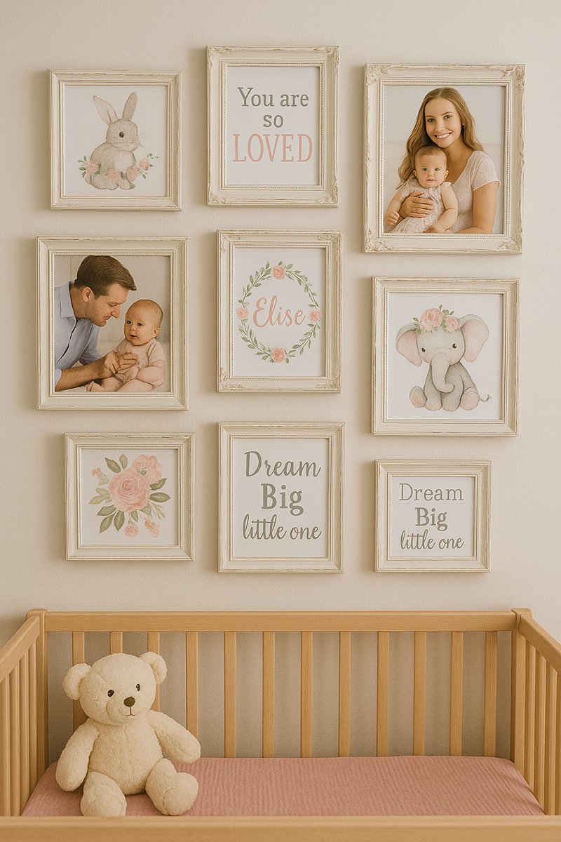 Gallery wall of shabby chic boho framed nursery prints and family photos