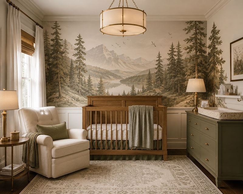 Modern nursery wall mural behind a crib