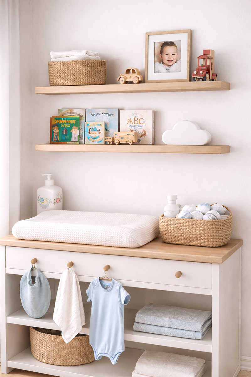 floating nursery wall shelves above a changing table