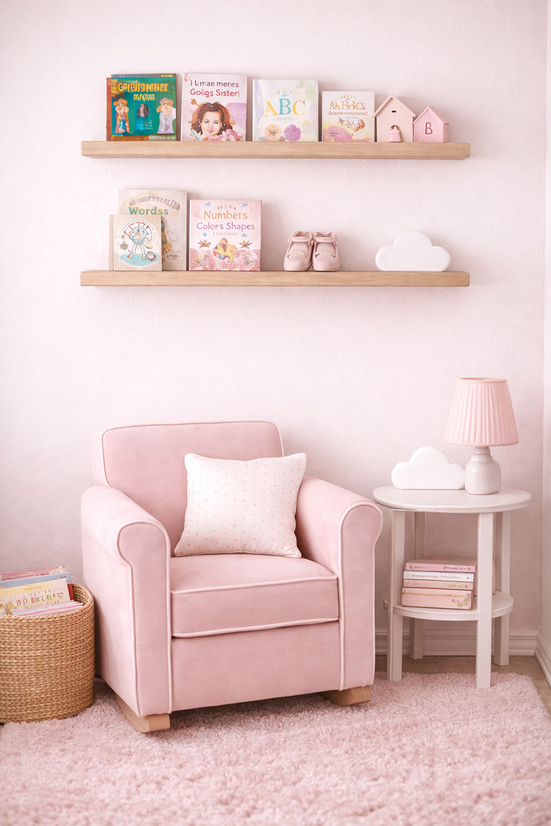 nursery wall shelves holding baby books and neutral decor
