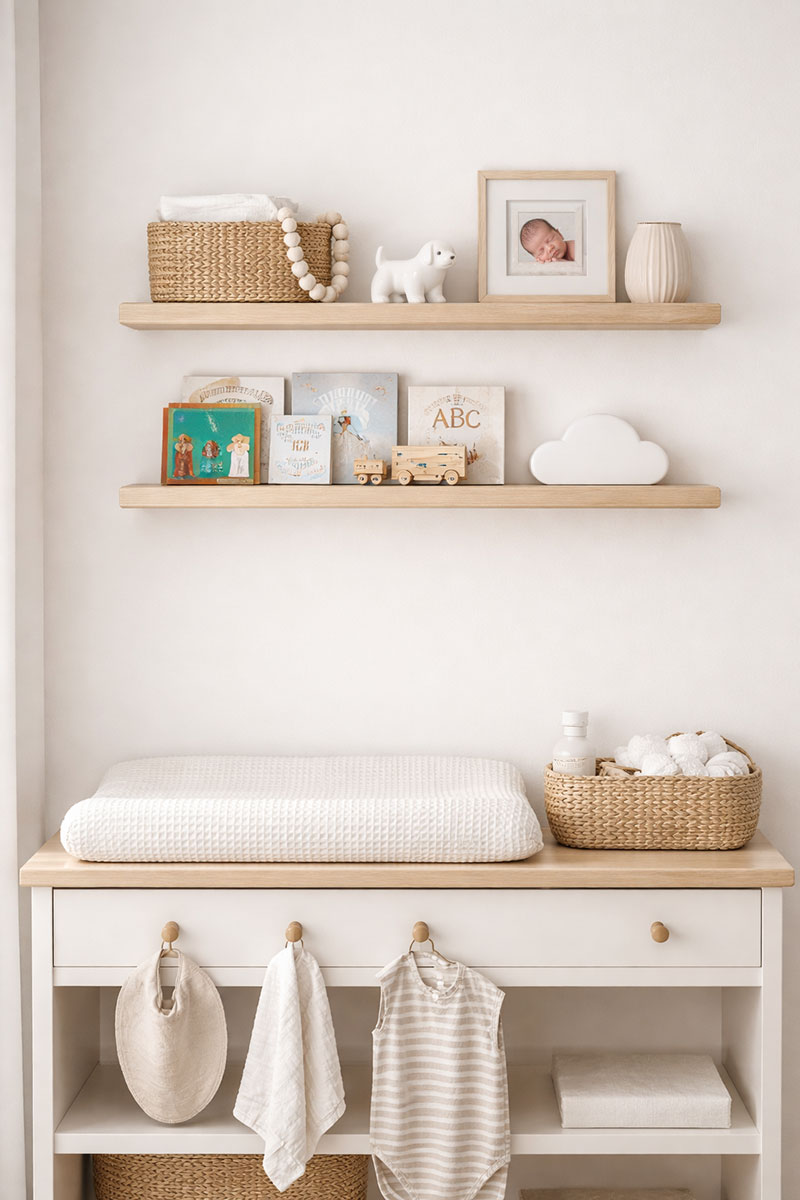 floating nursery wall shelves with baby books and decor in a neutral baby room