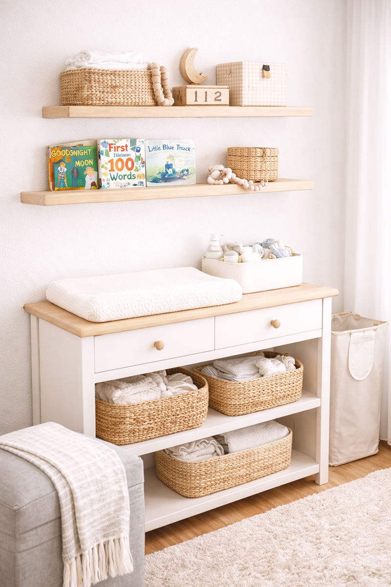nursery wall shelves used for storage in a small baby room