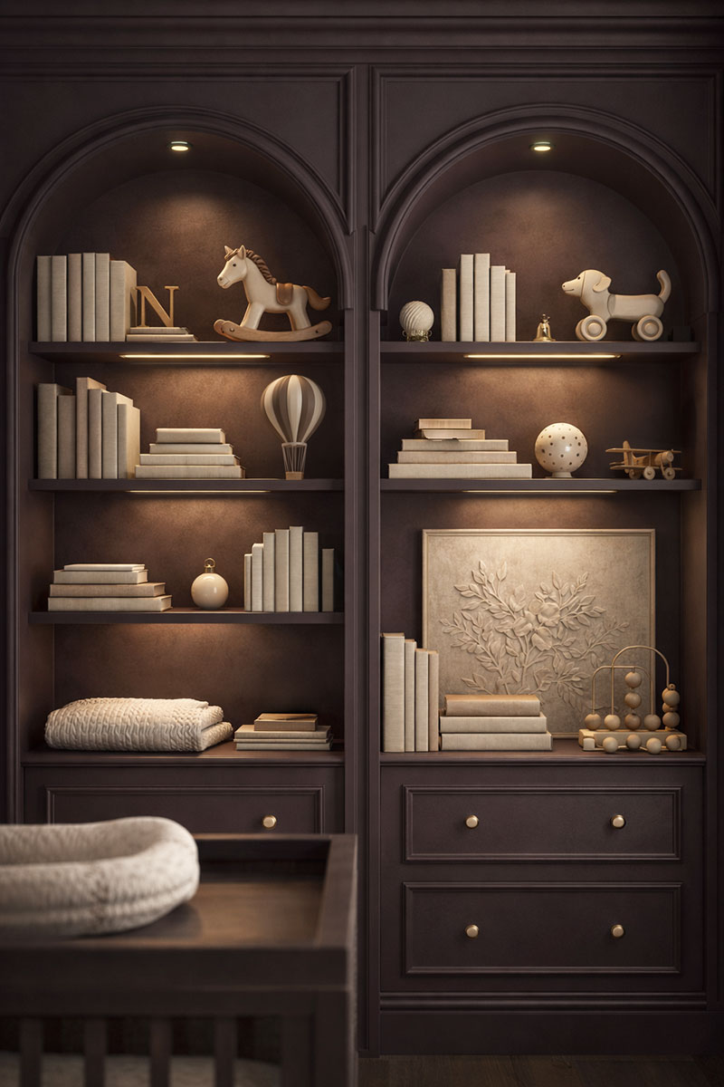 Elegant color drenched nursery wall shelves styled with books and minimal decor