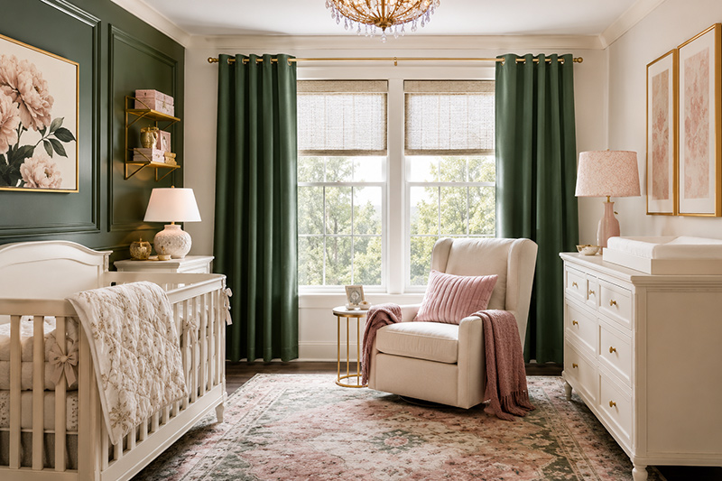 Nursery window treatments with curtains, blinds and blackout shades for a baby room