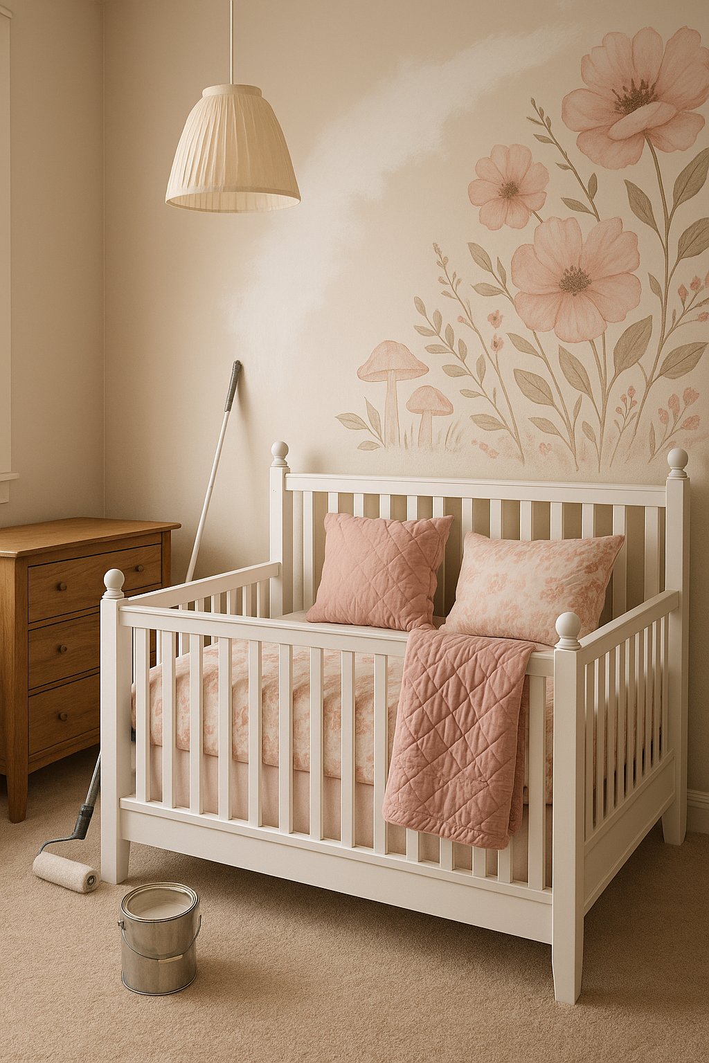 In-progress woodland rose theme nursery with rose pink accents, a white crib, and a half-finished floral mural