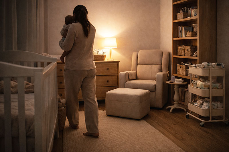 Nursery layout where furniture placement creates tight walkways and awkward movement during nighttime care
