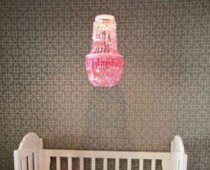 Hot pink capiz shell nursery chandelier lighting a gray and white baby girl room