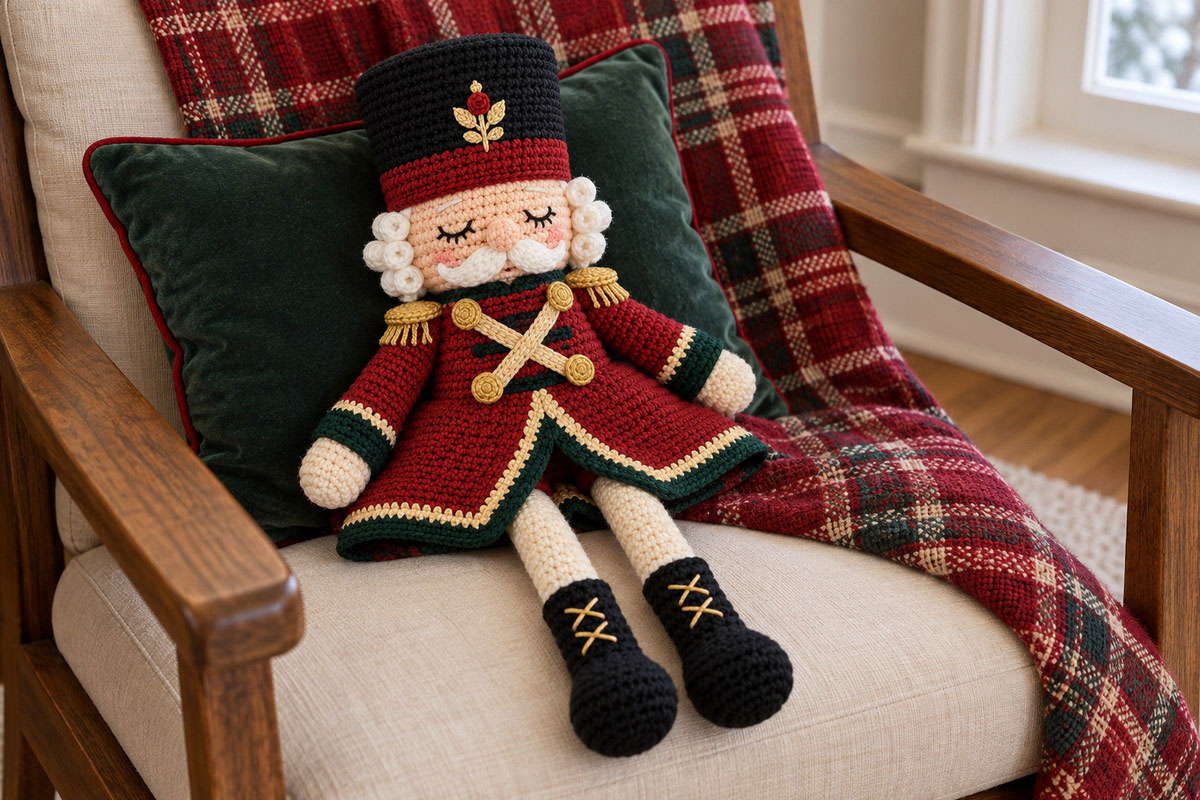 Finished crochet nutcracker lovey reclining in a Christmas armchair with flared cranberry soldier coat green and gold trim crossed chest decoration sleepy embroidered eyes white curls and dangling black boots