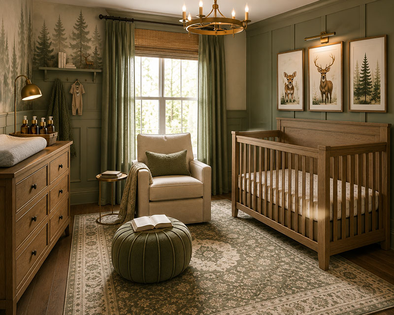 oak nursery furniture with sage green woodland color palette