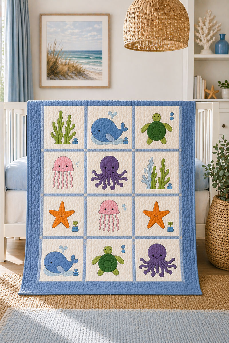 Ocean baby quilt pattern with easy appliqué whale, sea turtle, octopus, and jellyfish blocks in soft watercolor nursery colors