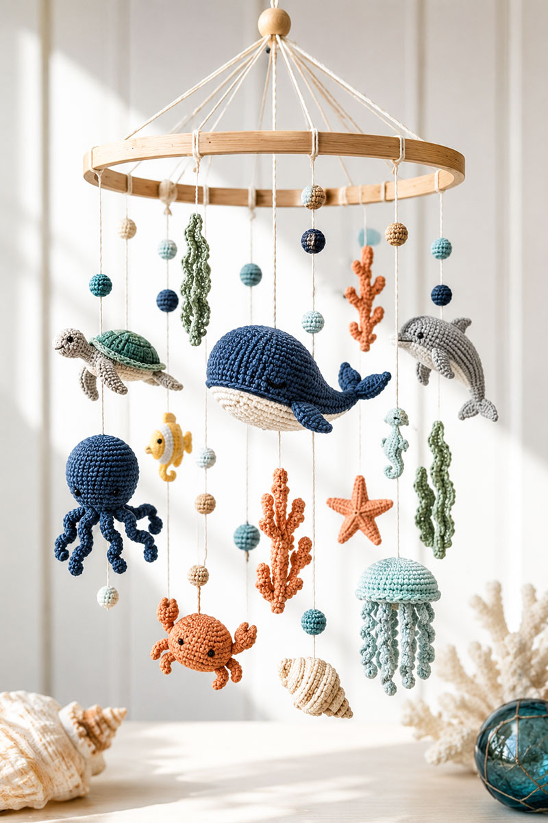 Ocean crochet baby mobile patterns with whale, fish, sea turtle and small crochet sea pieces in a nursery display