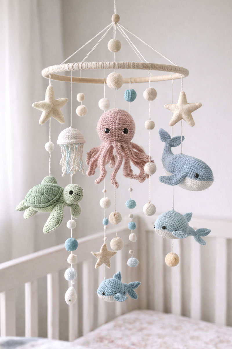 Ocean crib mobile with fish, whales, and octopus in a serene under-the-sea nursery
