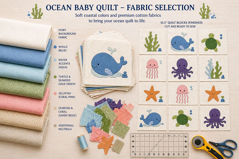 fabric prepared for ocean baby quilt pattern