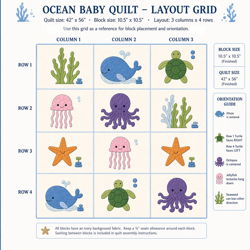 ocean baby quilt layout grid showing exact block placement and orientation