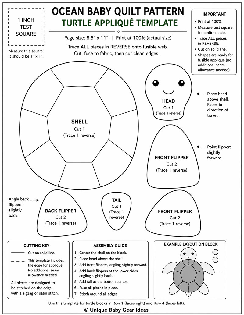 Printable turtle appliqué template for ocean baby quilt pattern with cut lines and 1 inch test square