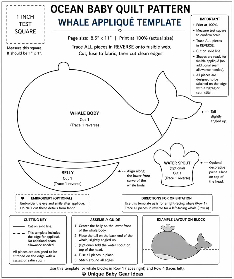 Printable whale appliqué template for ocean baby quilt pattern with cut lines and 1 inch test square