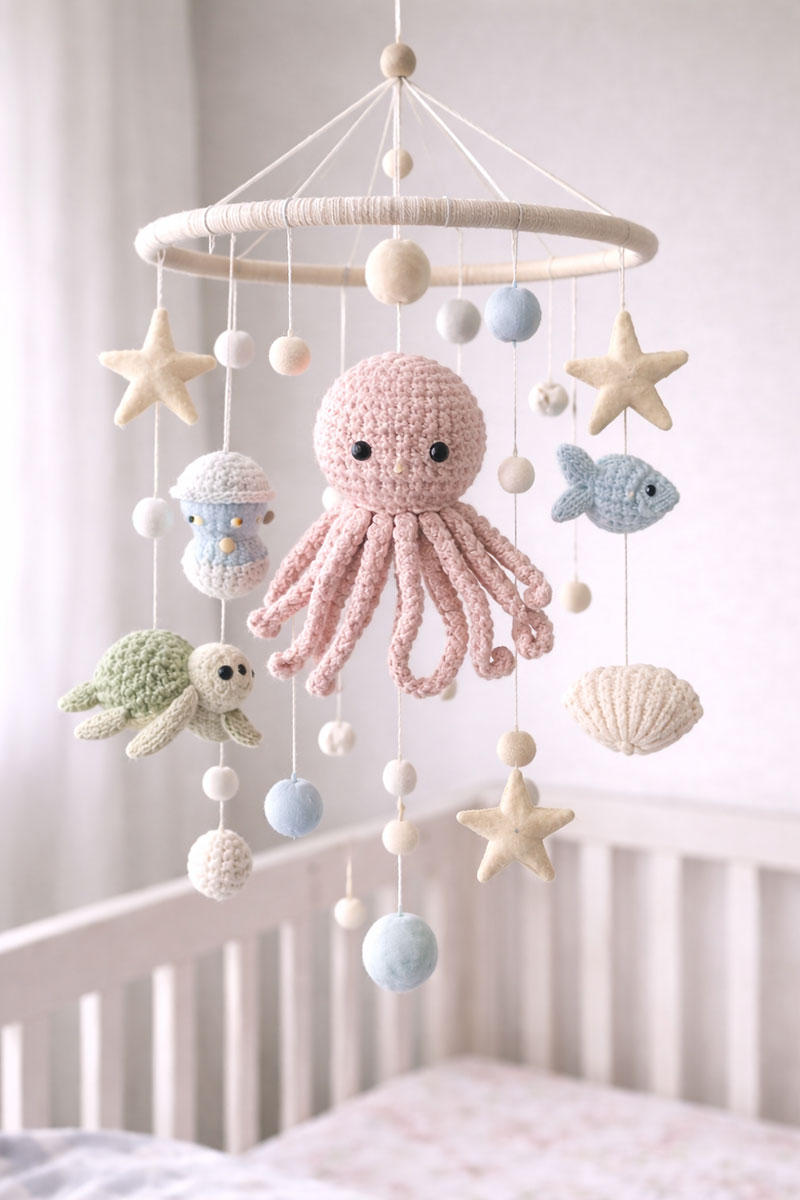 Octopus crib mobile with flowing tentacles in an ocean nursery
