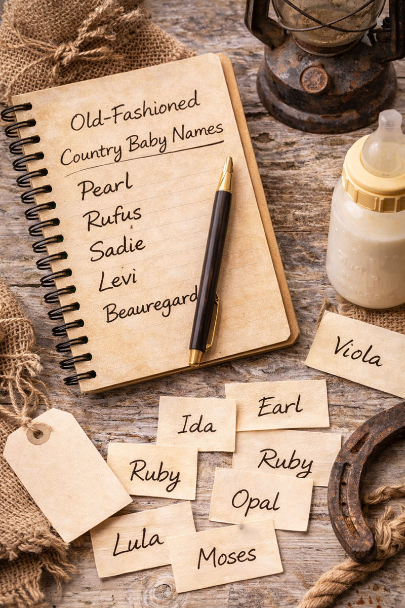 Vintage paper and a baby name notebook arranged on a rustic tabletop