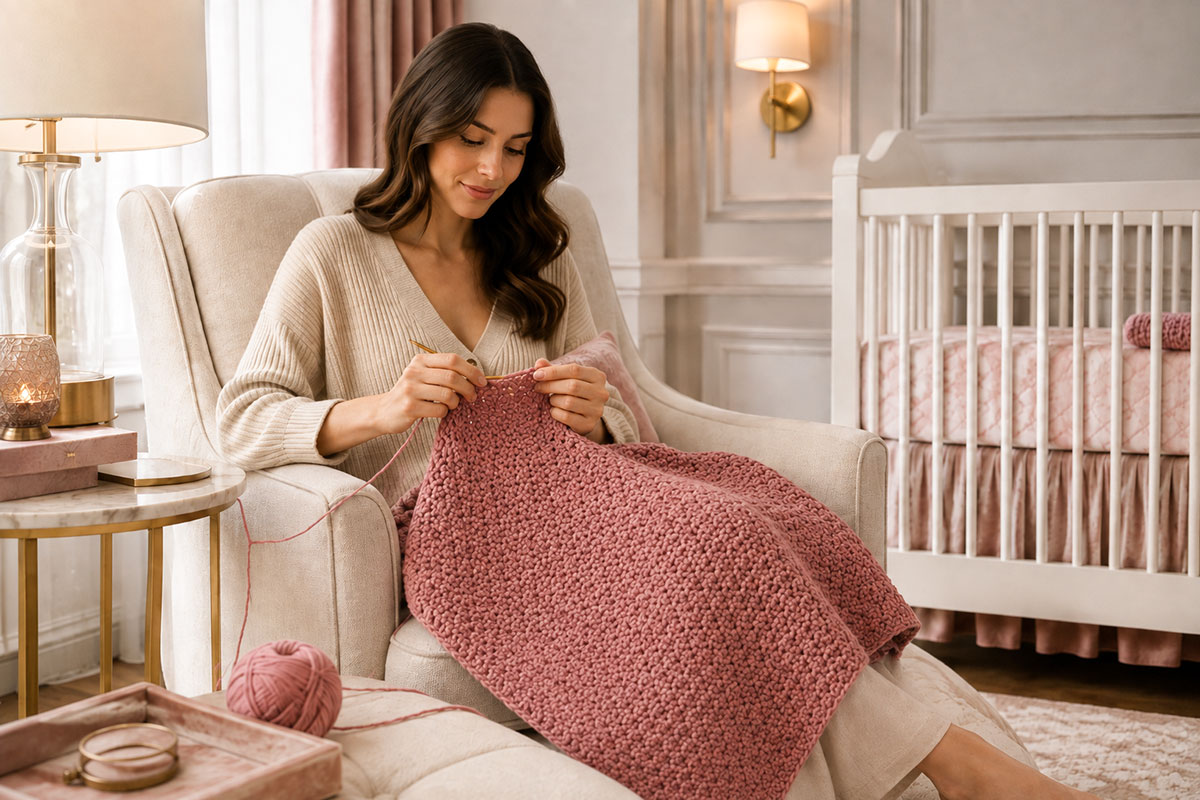 Crocheter adding rows to a textured one-row-repeat baby blanket while seated beside a bright window