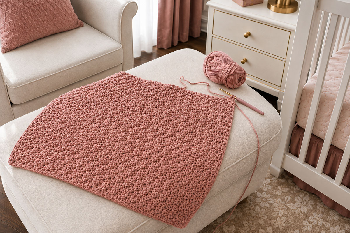 Partially completed one-row-repeat crochet baby blanket spread across a tailored nursery chair with the working yarn and hook visible