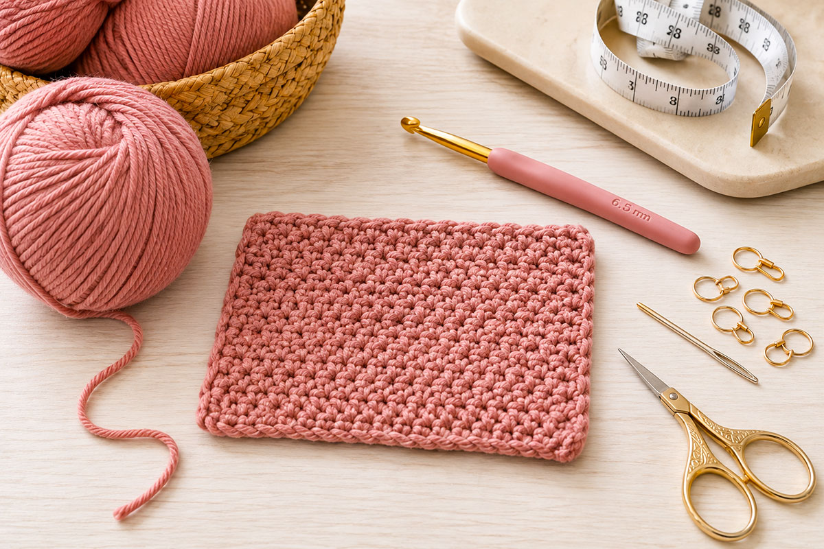 Worsted-weight yarn, 6.5 mm crochet hook, locking stitch markers, scissors, measuring tape and yarn needle arranged for the baby blanket