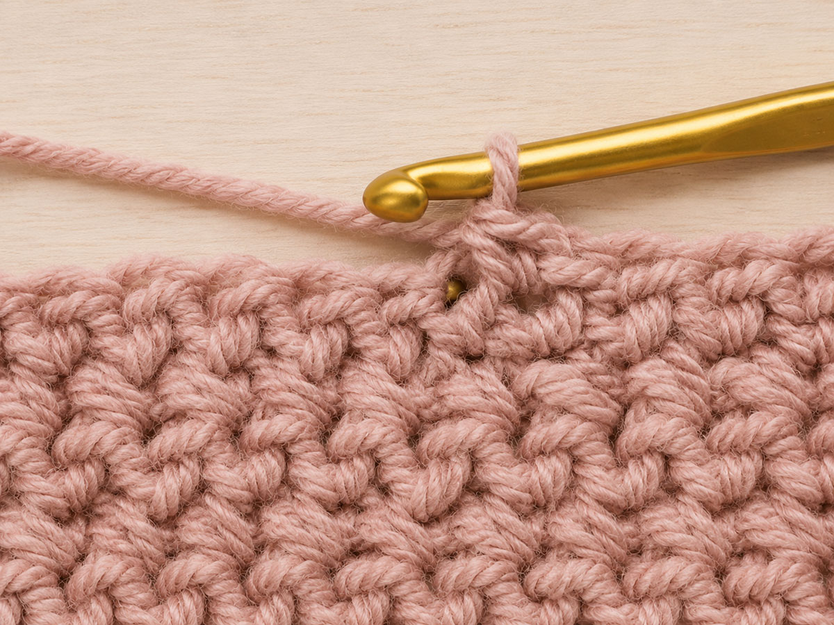 Crochet hook inserted into the next single crochet after skipping the half double crochet and double crochet in a one-row repeat
