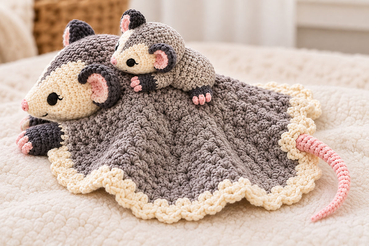 Front and side view of finished crochet opossum lovey showing the baby riding securely on Mama's raised back and Mama's thin tapered blush pink tail extending outward in a gentle curve