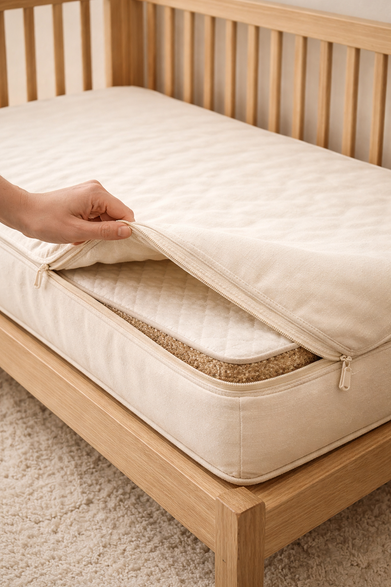 Organic crib mattress with removable cotton cover on a baby crib