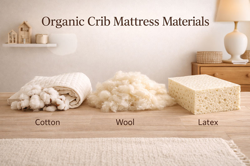 Natural crib mattress materials including cotton wool and latex arranged in a clean modern nursery