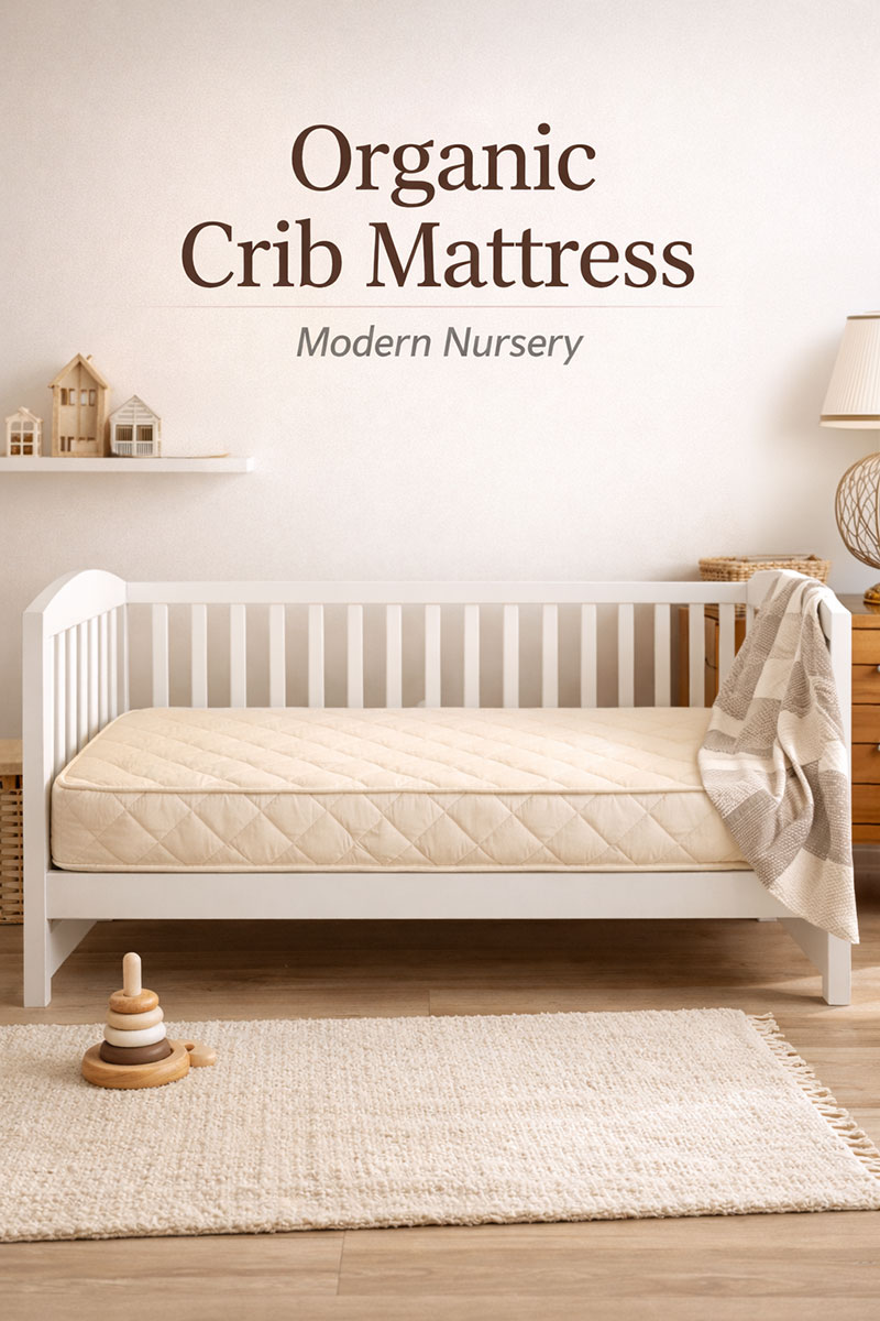 Modern nursery crib with organic crib mattress and clean magazine style layout