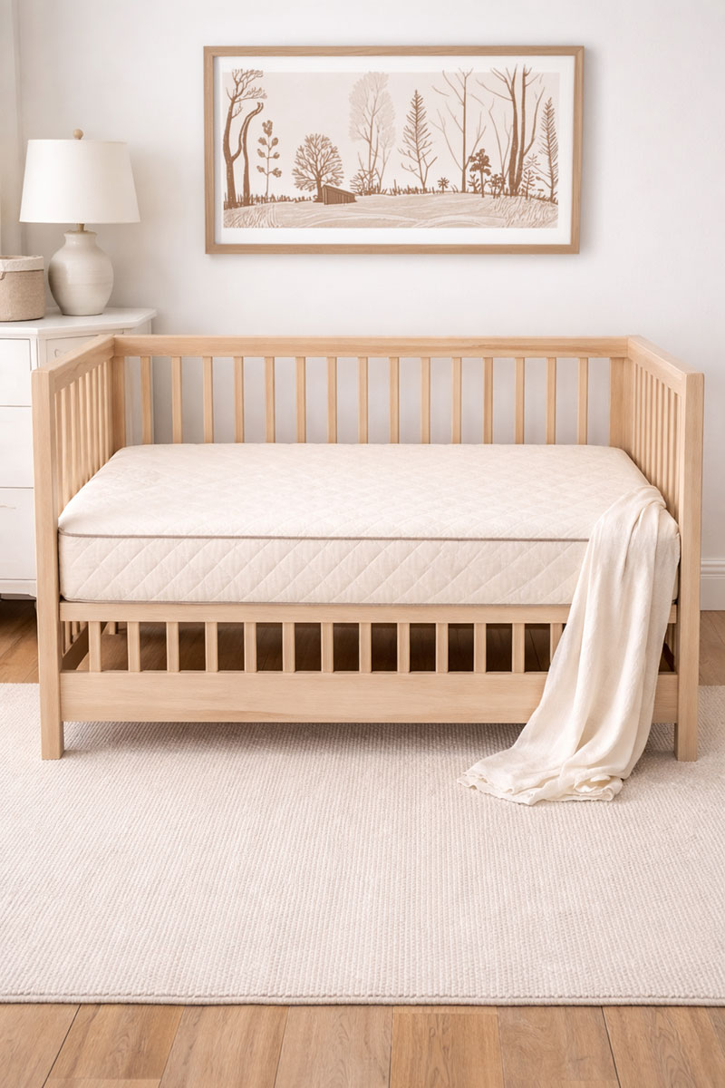 Organic crib mattress with natural cotton cover inside a neutral baby nursery