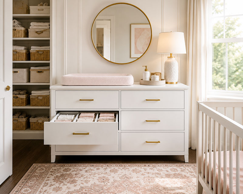 Organized nursery dresser with neatly arranged baby clothing and storage baskets.