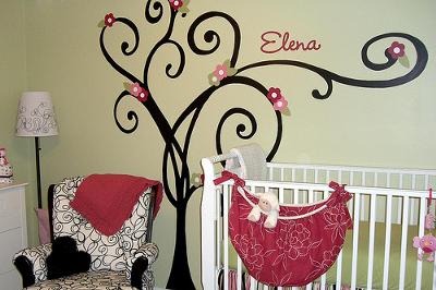 Our Baby Girl's Custom Pink and Green Nursery Decor in Stripes, Polka Dots and Swirling Black and White Fabrics 