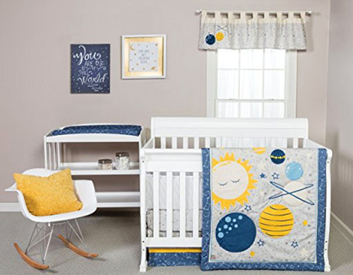 blue grey yellow galaxy solar system rocket ship outer space baby bedding set crib nursery pictures