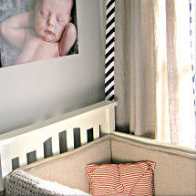 Baby boy vintage nursery theme with chevron stripe print baby bedding and curtains