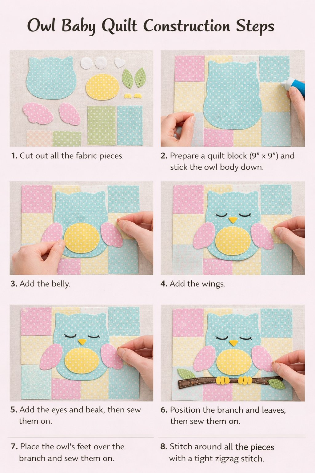 Visual instructions showing owl baby quilt construction steps