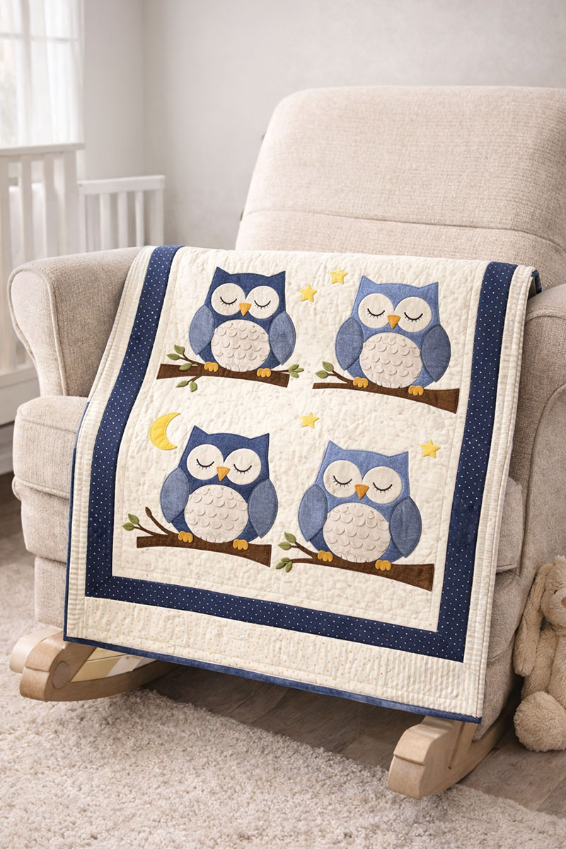 Crib size owl baby quilt folded neatly on the nursery rocker 