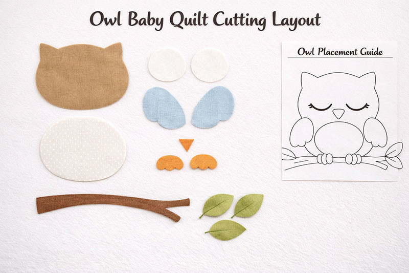 Owl baby quilt pattern cutting layout with labeled fabric pieces