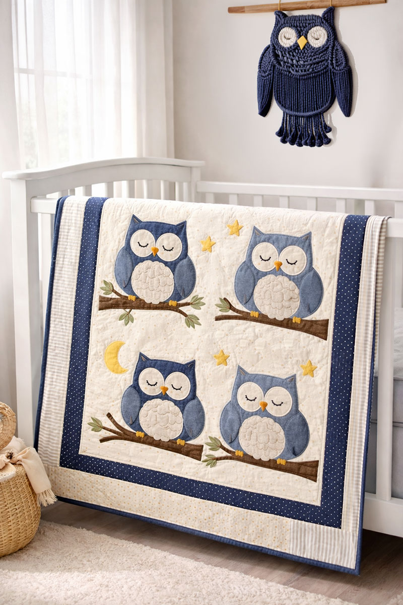 Finished owl baby quilt used to complete an owl themed nursery