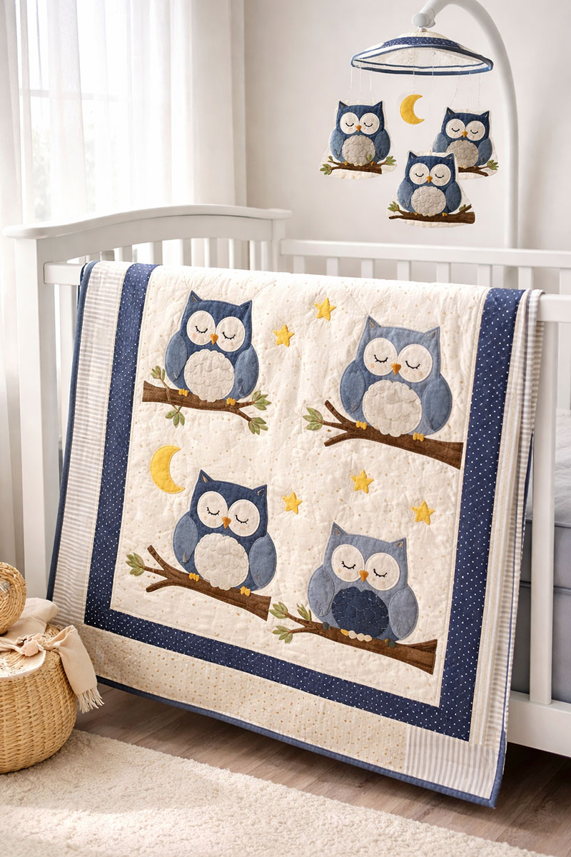 Owl baby quilt pattern designed to coordinate with a crib mobile in a nursery