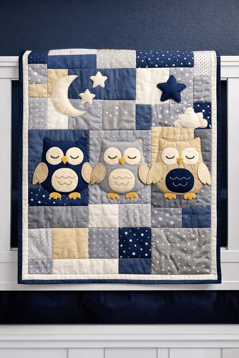 Handmade owl baby quilt in navy blue, gray, cream, and soft neutral tones styled for an owl nursery