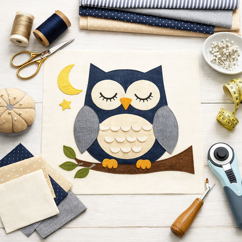 Owl baby quilt pattern in soft navy and cream tones styled in a calm nursery setting